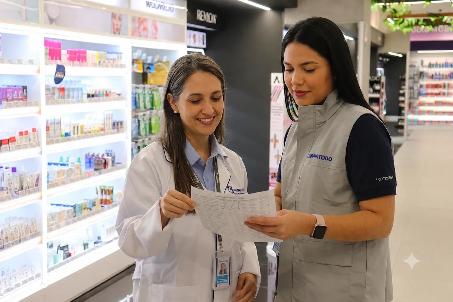 Dos colaboradoras de Farmatodo revisando productos en tienda