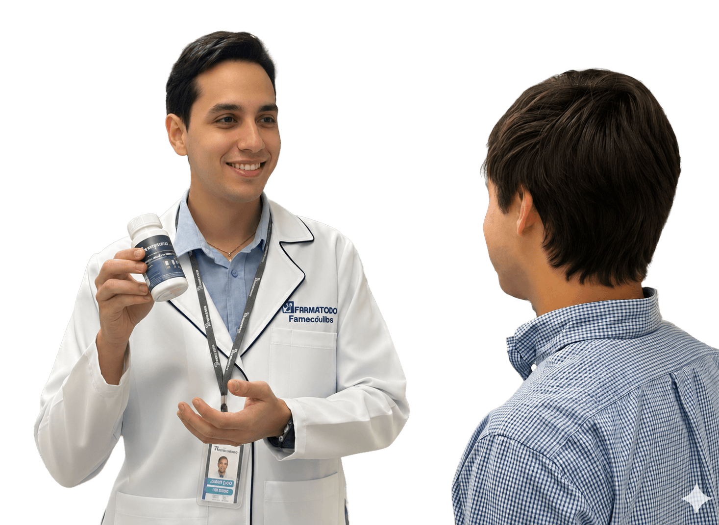 Farmacéutico de Farmatodo mostrando un producto